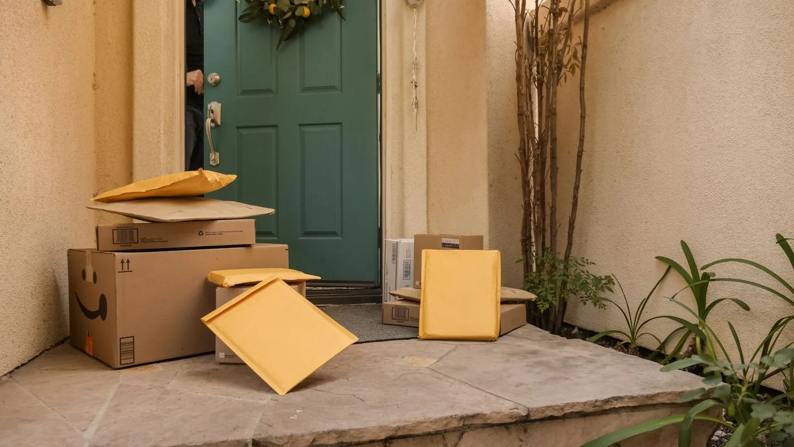 Multiple delivery packages and parcels stacked at a front door