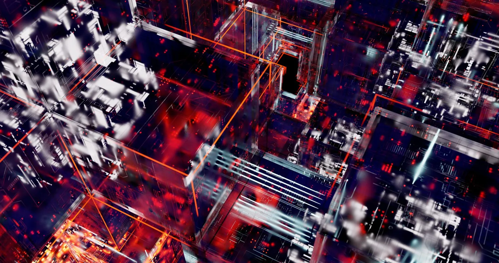Abstract illustration of interconnected glowing digital circuits, representing the architectural choice between a monolith and microservices