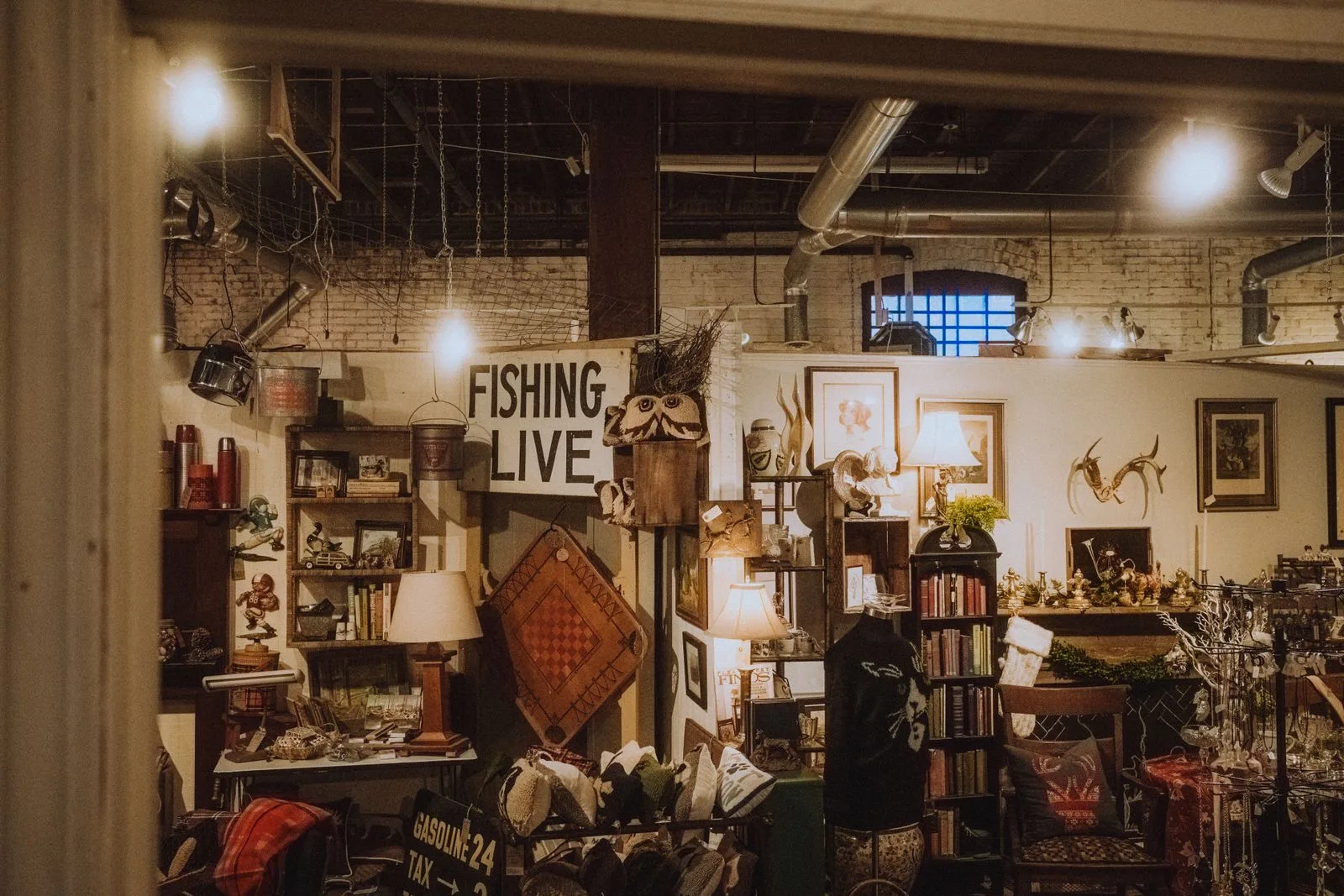 A cozy vintage shop interior filled with unique antiques and decor