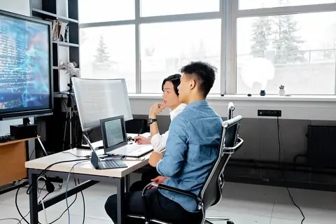 Two developers analyzing code together on computers in a modern office