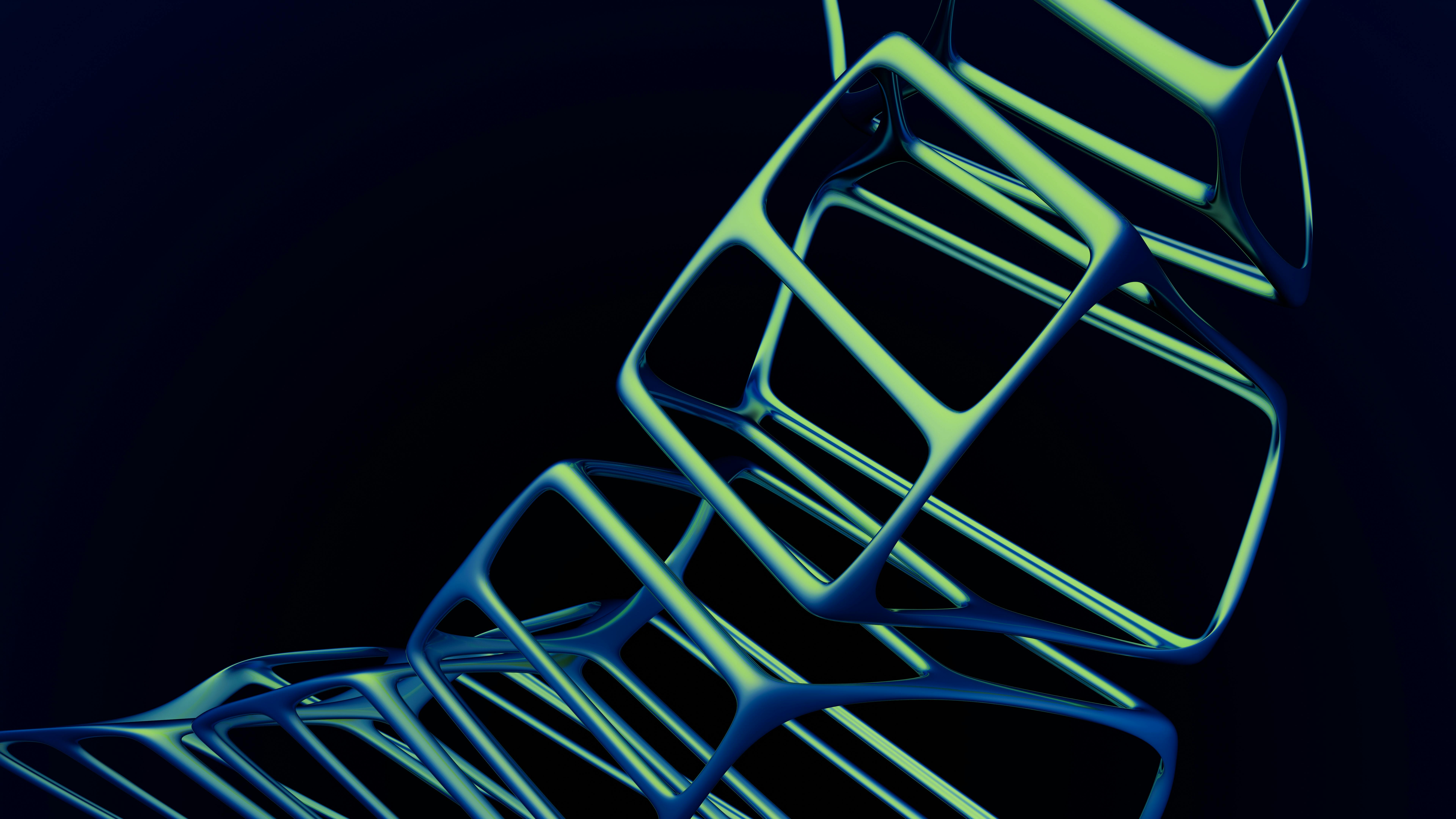 Abstract luminous 3D geometric shapes rendered on a dark digital background, illustrating immersive web experiences built with WebGL and Three.js