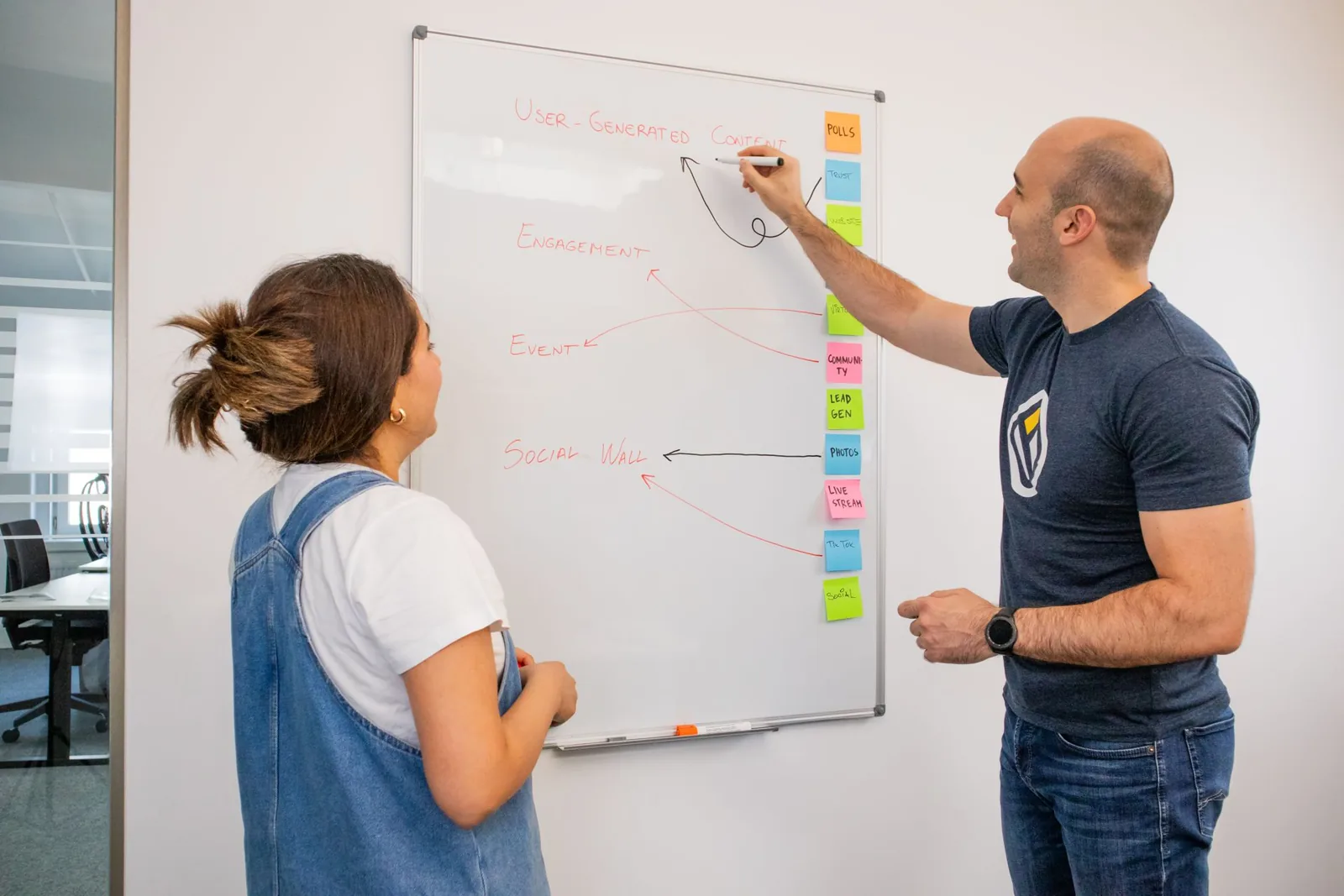 Team reviewing a tangled system architecture diagram on a whiteboard